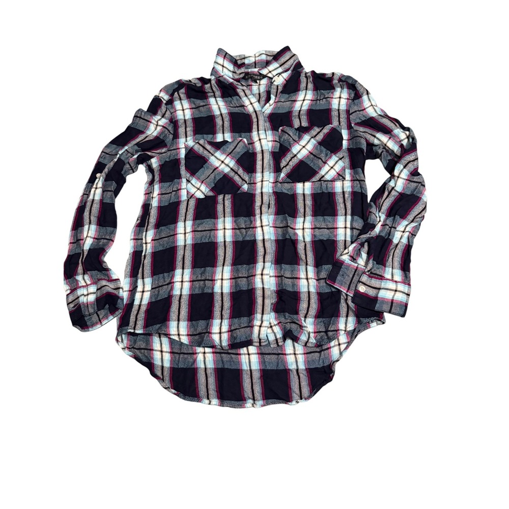 Express Women XS Plaid Button Down Shirt Navy Blue Pink Long Sleeve High Low Hem